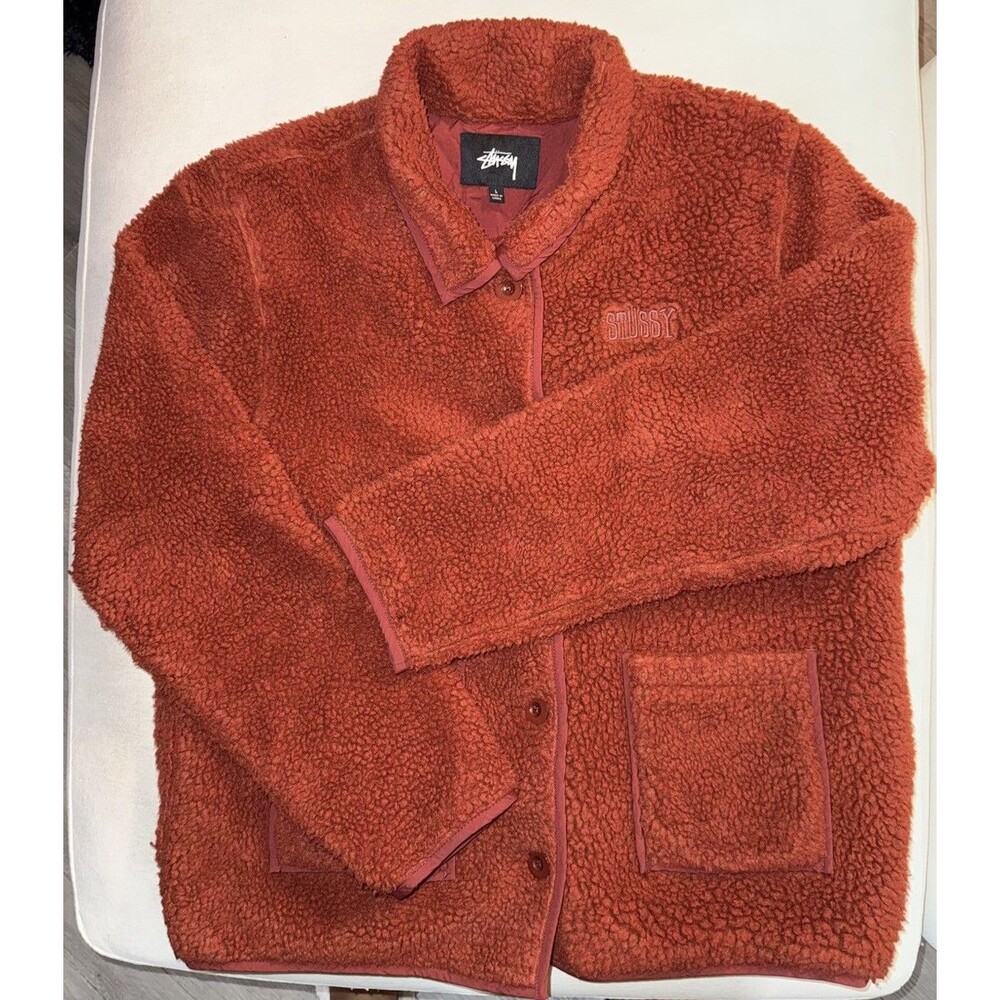 Stussy Sherpa Fleece Jacket Rust Orange Button Front Size L